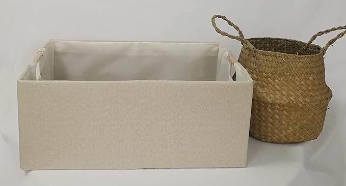 Storage Bin for Shelves Rectangle Closet Baskets Foldable Box with Handles Beige Shelf Baskets Toy Boxes for Home Office Car Dormroom