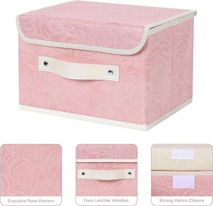 Fabric Storage Bin with Lid Rose Print Storage Box Basket with PU Leather Handles Washable PP Plastic Board Decorative Foldable Lidded Shelf Cubes Closet Organizer Container - Pink, Small Size