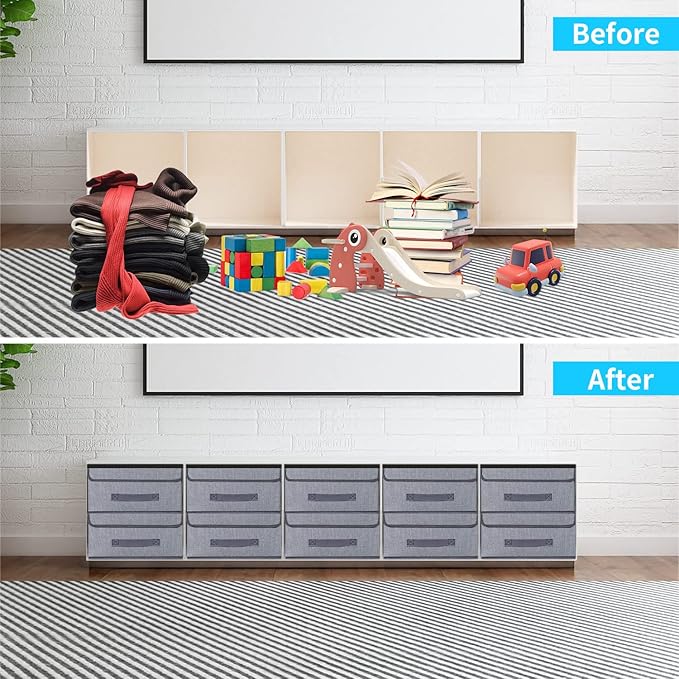 Foldable Storage Bins Cubes Boxes with Lid - Storage Box Cube Cubby Basket Closet Organizer Pack of 2 with Leather Handles for Closet Bedroom, 13" x 13", Linen-like Grey