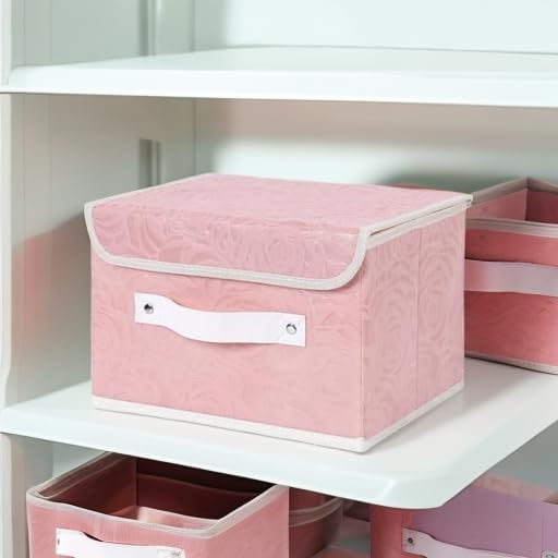 Fabric Storage Bin with Lid Rose Print Storage Box Basket with PU Leather Handles Washable PP Plastic Board Decorative Foldable Lidded Shelf Cubes Closet Organizer Container - Pink, Small Size