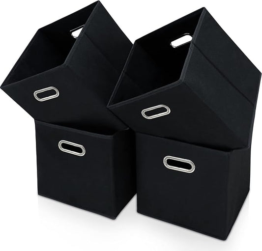 Black Fabric Storage Bins Cube ,11x11x11 Fabric Cubby Organizer Baskets with Handle, Foldable Basket for Closet or Collapsible Storage Box Set of 4 (Black )
