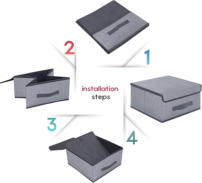 Foldable Storage Bins Cubes Boxes with Lid - Storage Box Cube Cubby Basket Closet Organizer Pack of 2 with Leather Handles for Closet Bedroom, 13" x 13", Linen-like Grey