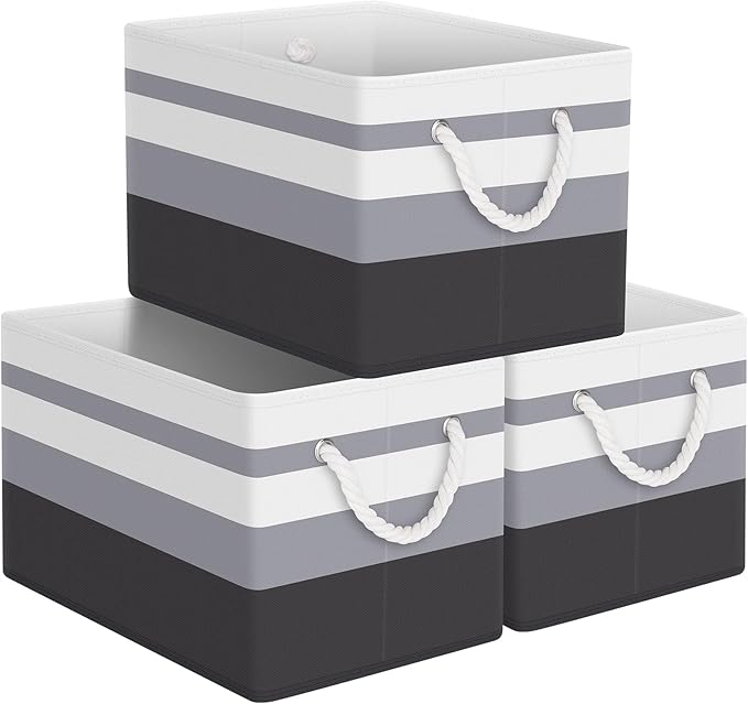 Storage Bin,Collapsible Storage Basket for Organizing,Large Storage Boxes with Rope Handles,Storage Containers,Clothes Organizer,Gradient Grey,Pack of 3
