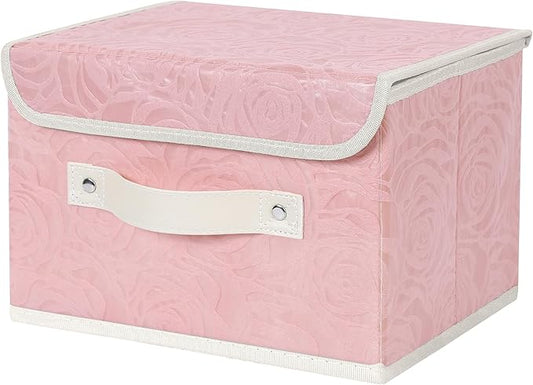 Fabric Storage Bin with Lid Rose Print Storage Box Basket with PU Leather Handles Washable PP Plastic Board Decorative Foldable Lidded Shelf Cubes Closet Organizer Container - Pink, Small Size