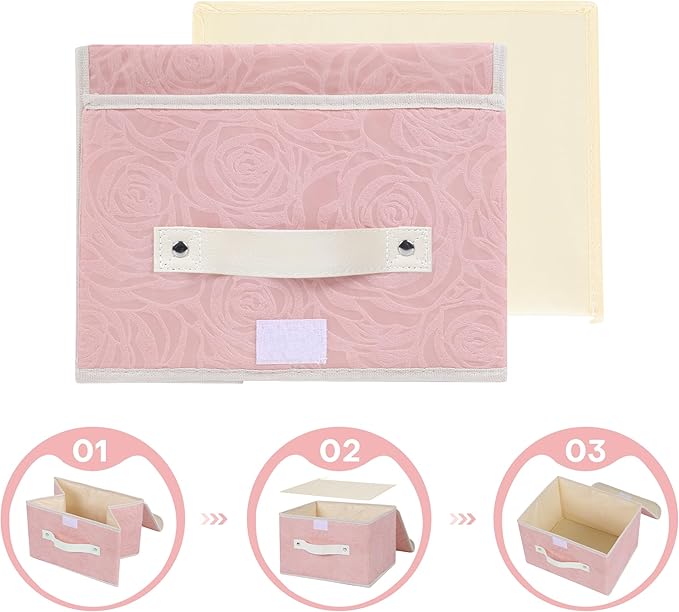Fabric Storage Bin with Lid Rose Print Storage Box Basket with PU Leather Handles Washable PP Plastic Board Decorative Foldable Lidded Shelf Cubes Closet Organizer Container - Pink, Small Size