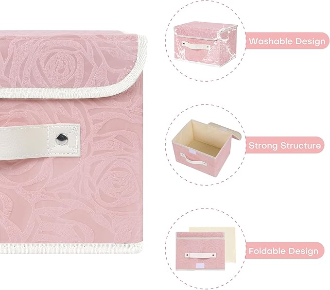 Fabric Storage Bin with Lid Rose Print Storage Box Basket with PU Leather Handles Washable PP Plastic Board Decorative Foldable Lidded Shelf Cubes Closet Organizer Container - Pink, Small Size