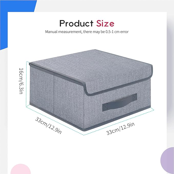 Foldable Storage Bins Cubes Boxes with Lid - Storage Box Cube Cubby Basket Closet Organizer Pack of 2 with Leather Handles for Closet Bedroom, 13" x 13", Linen-like Grey