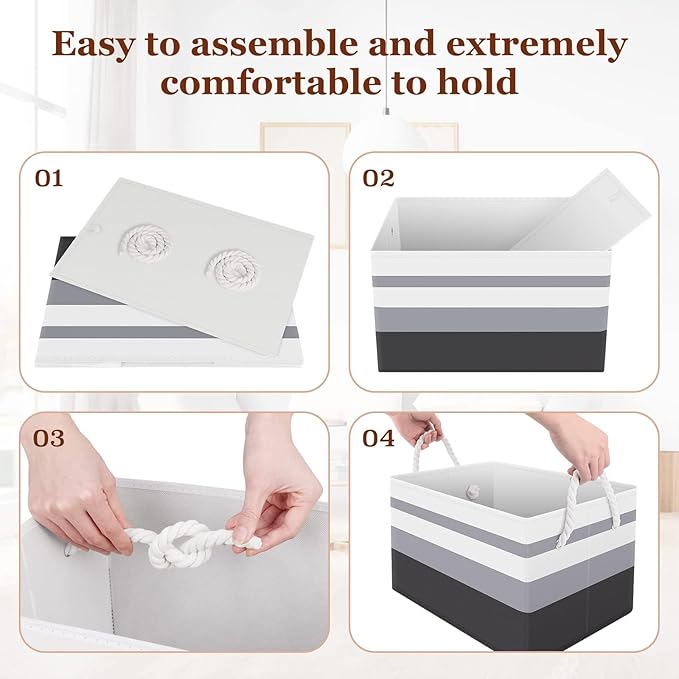 Storage Bin,Collapsible Storage Basket for Organizing,Large Storage Boxes with Rope Handles,Storage Containers,Clothes Organizer,Gradient Grey,Pack of 3