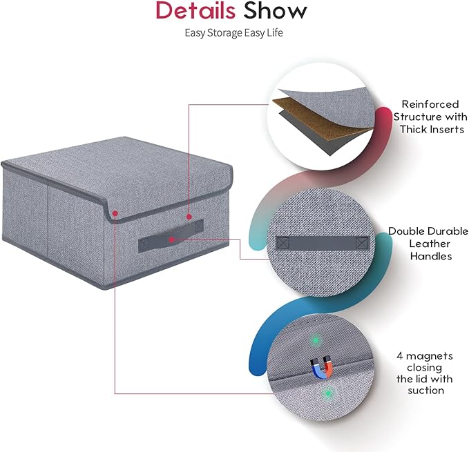 Foldable Storage Bins Cubes Boxes with Lid - Storage Box Cube Cubby Basket Closet Organizer Pack of 2 with Leather Handles for Closet Bedroom, 13" x 13", Linen-like Grey