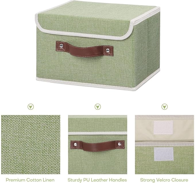 Storage Bin with Lid Storage Boxes with PU Leather Handles PP Plastic Board Decorative Foldable Lidded Cotton Linen Fabric Home Cubes Baskets Closet Organizer Container - Green, Small Size