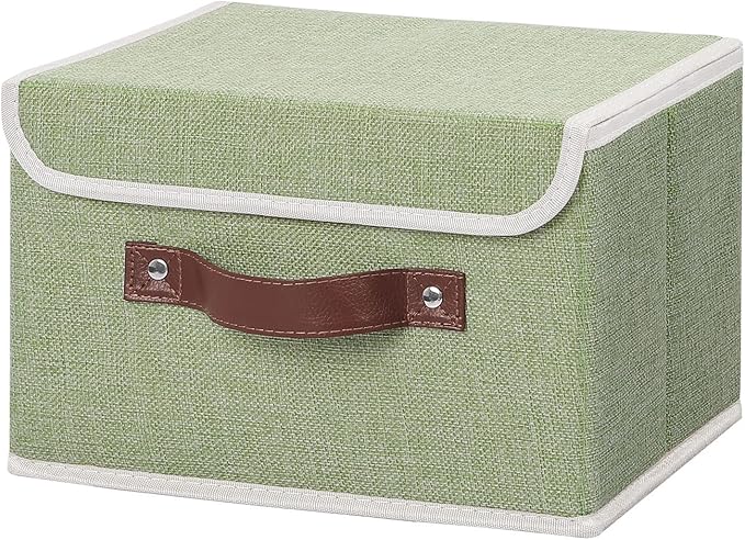 Storage Bin with Lid Storage Boxes with PU Leather Handles PP Plastic Board Decorative Foldable Lidded Cotton Linen Fabric Home Cubes Baskets Closet Organizer Container - Green, Small Size