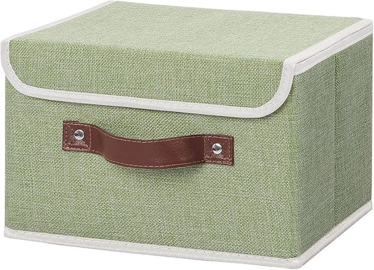 Storage Bin with Lid Storage Boxes with PU Leather Handles PP Plastic Board Decorative Foldable Lidded Cotton Linen Fabric Home Cubes Baskets Closet Organizer Container - Green, Small Size