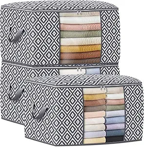 3 Pack, Storage Containers, Large Clothes Storage Bins Foldable Organization and Storage Bags with Reinforced Handle, Clear Window for Bedding, Blankets, Clothing, Grey