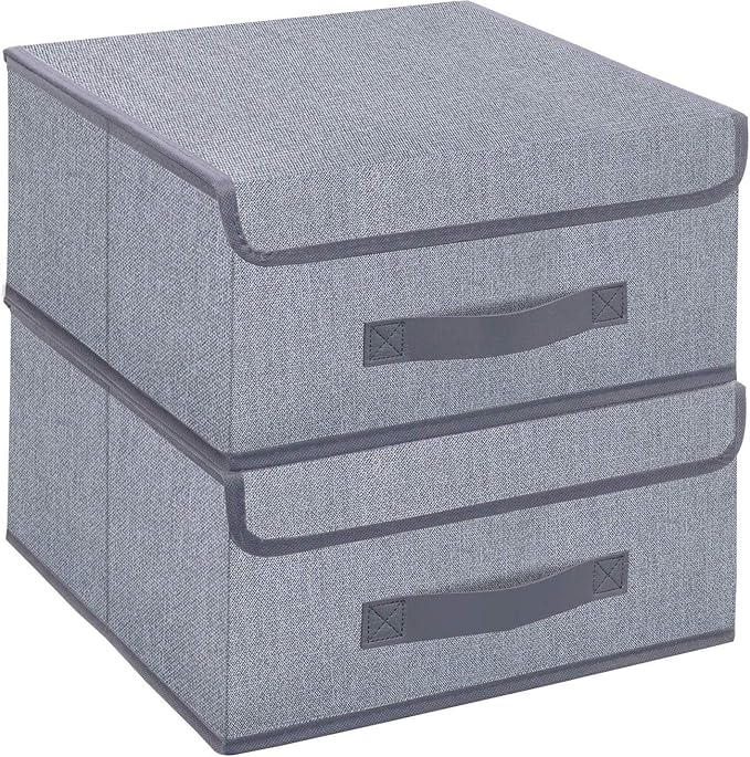 Foldable Storage Bins Cubes Boxes with Lid - Storage Box Cube Cubby Basket Closet Organizer Pack of 2 with Leather Handles for Closet Bedroom, 13" x 13", Linen-like Grey