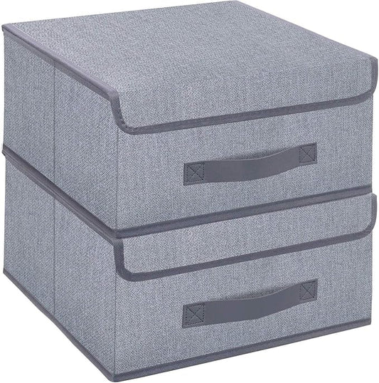 Foldable Storage Bins Cubes Boxes with Lid - Storage Box Cube Cubby Basket Closet Organizer Pack of 2 with Leather Handles for Closet Bedroom, 13" x 13", Linen-like Grey