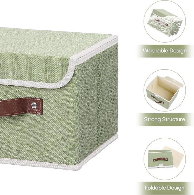 Storage Bin with Lid Storage Boxes with PU Leather Handles PP Plastic Board Decorative Foldable Lidded Cotton Linen Fabric Home Cubes Baskets Closet Organizer Container - Green, Small Size
