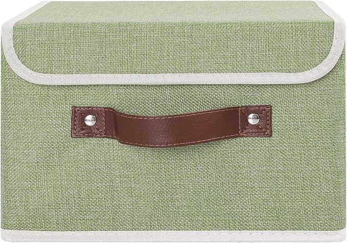 Storage Bin with Lid Storage Boxes with PU Leather Handles PP Plastic Board Decorative Foldable Lidded Cotton Linen Fabric Home Cubes Baskets Closet Organizer Container - Green, Small Size