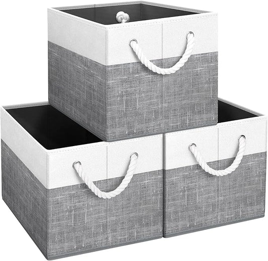 Storage Bins [3-Pack], Foldable Storage Baskets for Organizing Toys, Books, Shelves, Closet, Large Storage Box with Rope Handles, Sturdy Organizer Bins, White & Grey