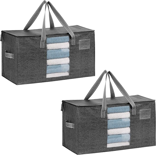 2 Pack Moving Bags, Comforter and Blanket Storage Bags for Closet, Moving Boxes, Boxes with Lids Alternative, College Dorm Packing Supplies, Foldable Heavy-Duty Tote with Window (Gray, 2 Pack)