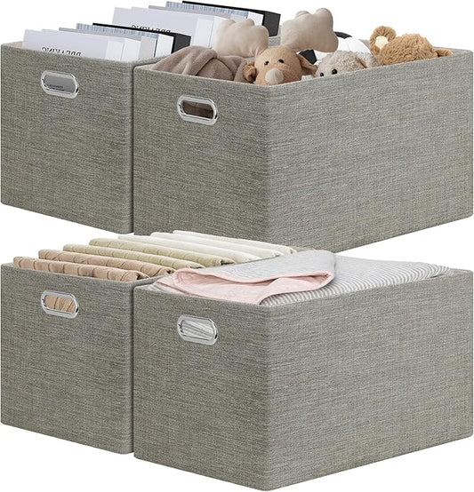 Closet Storage Bins, 4 Pack Large Closet Shelf Organizers, Linen Fabric Decorative Storage Baskets for Organizing, Foldable Storage Box for Clothes, Toy, 16.5x12x10.25 Inch-Coffee